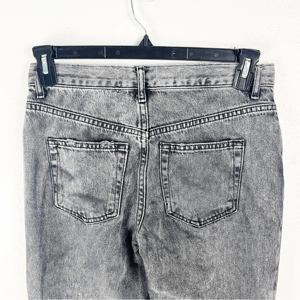 FREE PEOPLE Maggie Black Wash Button Fly Busted Knees Sharkbite Hem Jeans 26